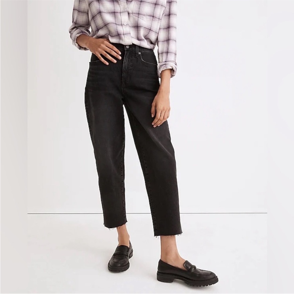 Madewell Balloon Jeans Biscayne Black Wash Raw Hem Cropped Ankle Stretch Denim